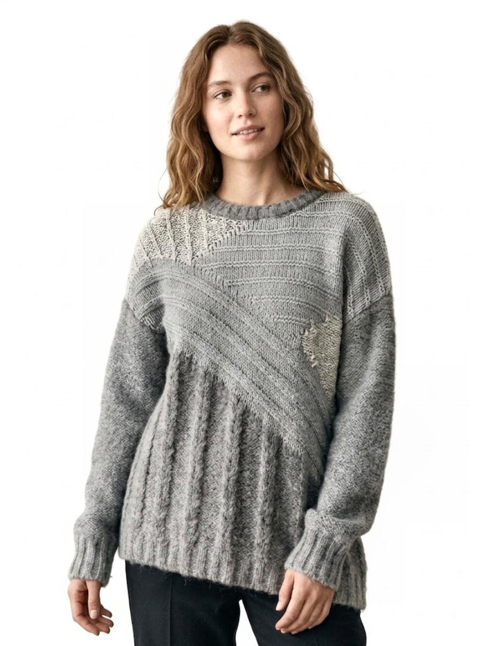 Current/Elliott Mixed-Stitch Alpaca Blend Pullover, Gray & Cream, Womens Size 2